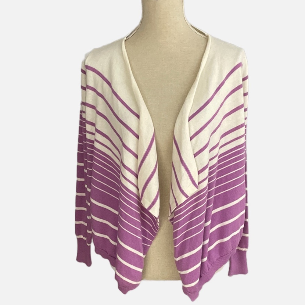 BCBGMAXAZRIA Cardigan Sweater Women's XS Purple White Striped Cotton Cashmere‎